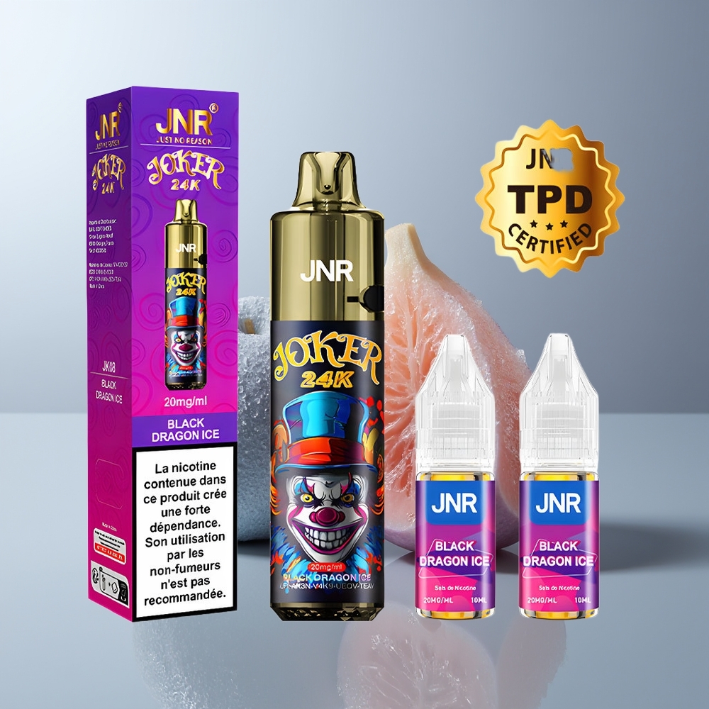 JNR Joker 24K Puffs Zwarte Draak IJs Met Oplaadbare Pod en Zichtbaar Vloeistofniveau