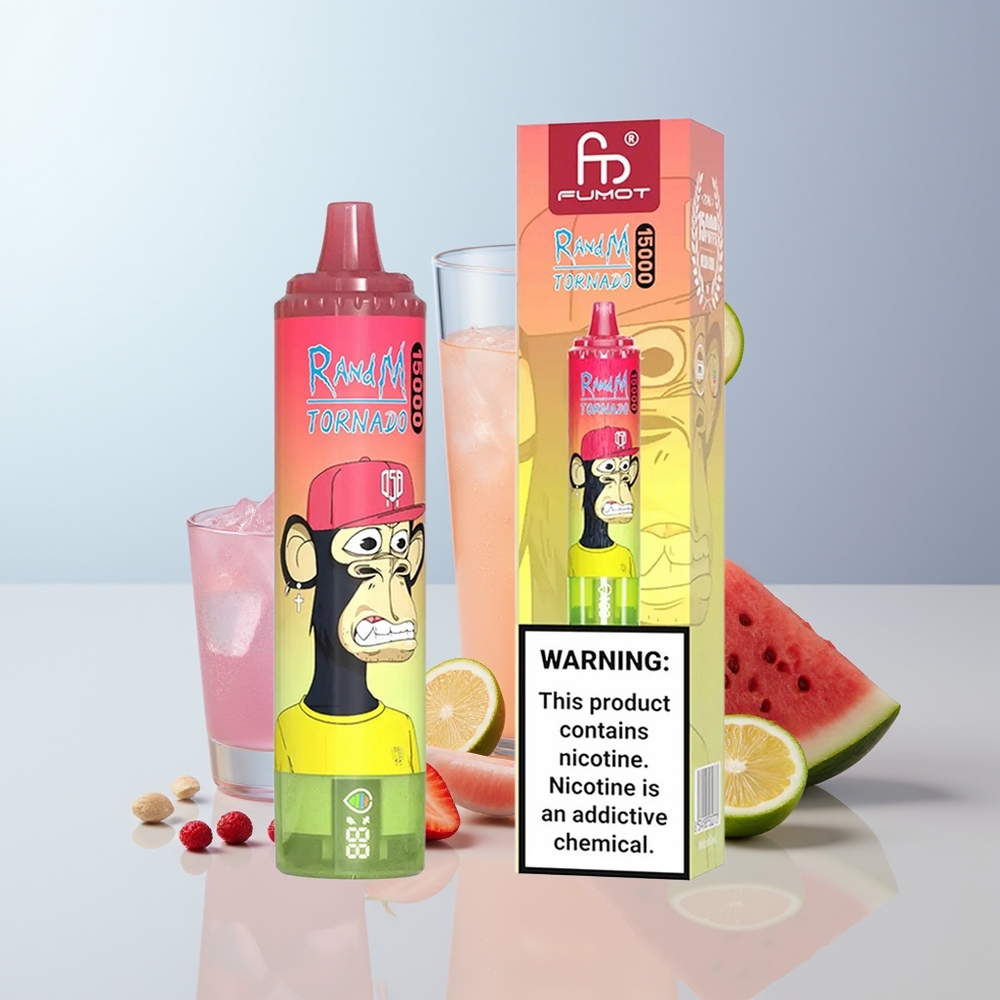 RandM Fumot Tornado 15000 Puffs Aardbeien Watermeloen Limonade met Mesh Coil en LCD-scherm
