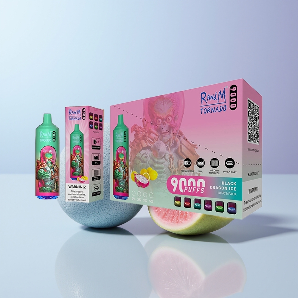 RandM Fumot Tornado 9000 Puffs Blauwe Framboos Kush Mesh Coil & RGB Display