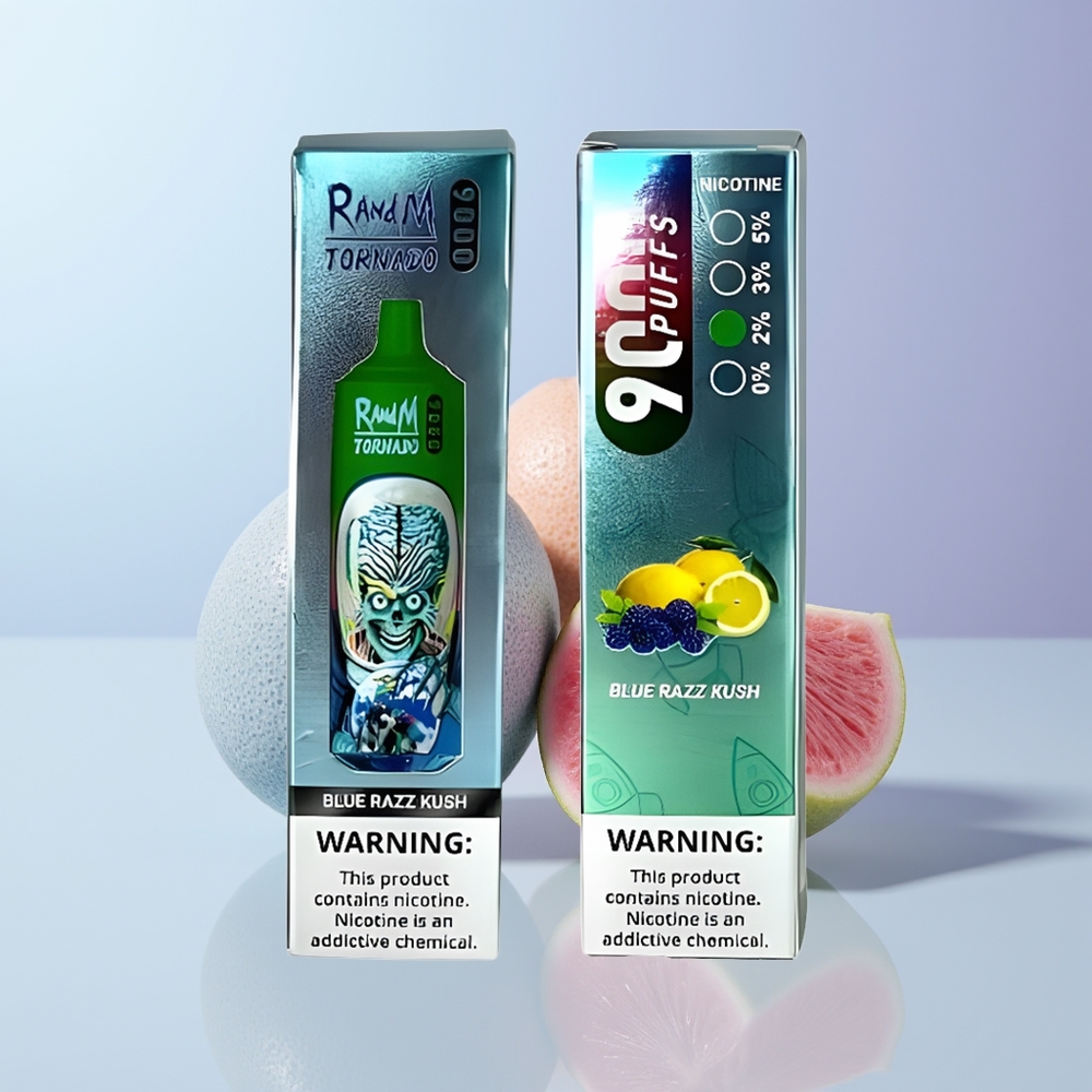 RandM Fumot Tornado 9000 Puffs Blauwe Framboos Kush Mesh Coil & RGB Display