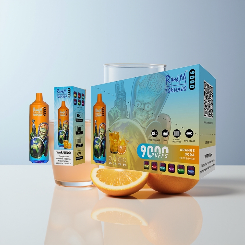 RandM Fumot Tornado 9000 Puffs Oranje Soda Met Mesh Coil En 54 Smaken