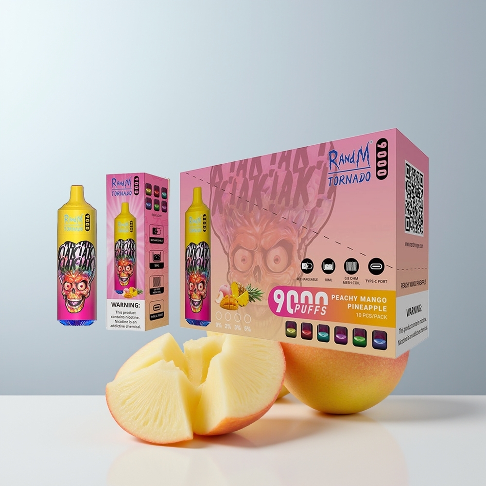 RandM Fumot Tornado 9000 Puffs Perzige Mango Ananas met Mesh Coil en RGB Display