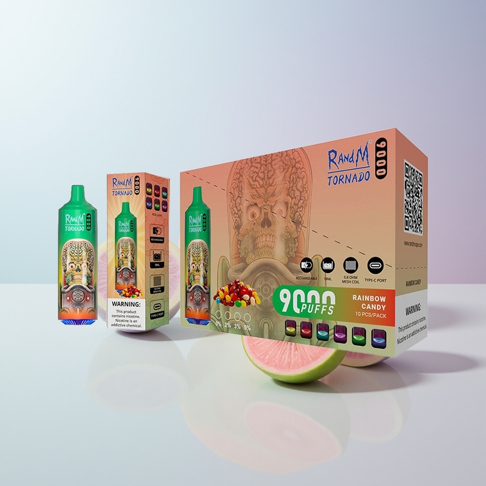 RandM Fumot Tornado 9000 Puffs Regenboog Snoep Mesh Coil RGB Scherm