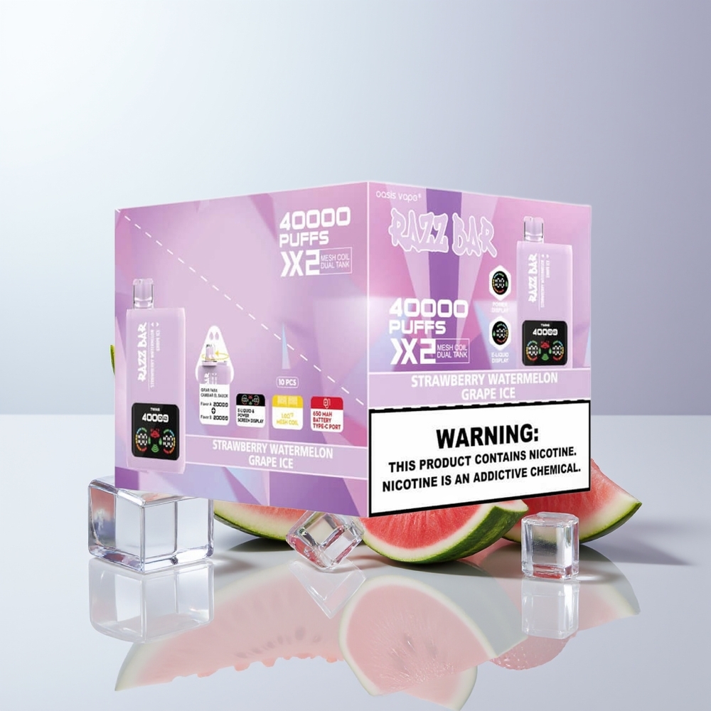 Razz Bar 40000 Puffs Aardbei Watermeloen - Druiven IJs met Dubbele Mesh Coil en Type-C Oplading